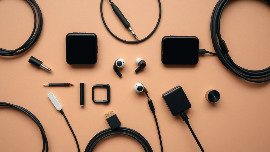 Overhead flat lay of tech accessories including charging cables, earbuds, and small electronics on neutral background with professional lighting