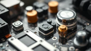 Close-up of premium electronics components showing quality assembly, metal and plastic materials, precision manufacturing details, professional lighting, shallow depth of field