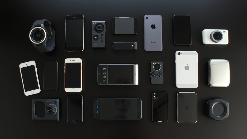 Flat lay of multiple tech gadgets arranged artistically on a dark surface, showing size and design comparisons, natural lighting, modern aesthetic, no text visible