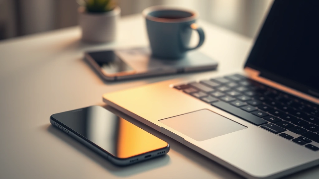 Sleek modern smartphone and laptop arranged on a minimalist desk with a coffee cup, warm natural lighting, shallow depth of field, tech gadget flat lay aesthetic
