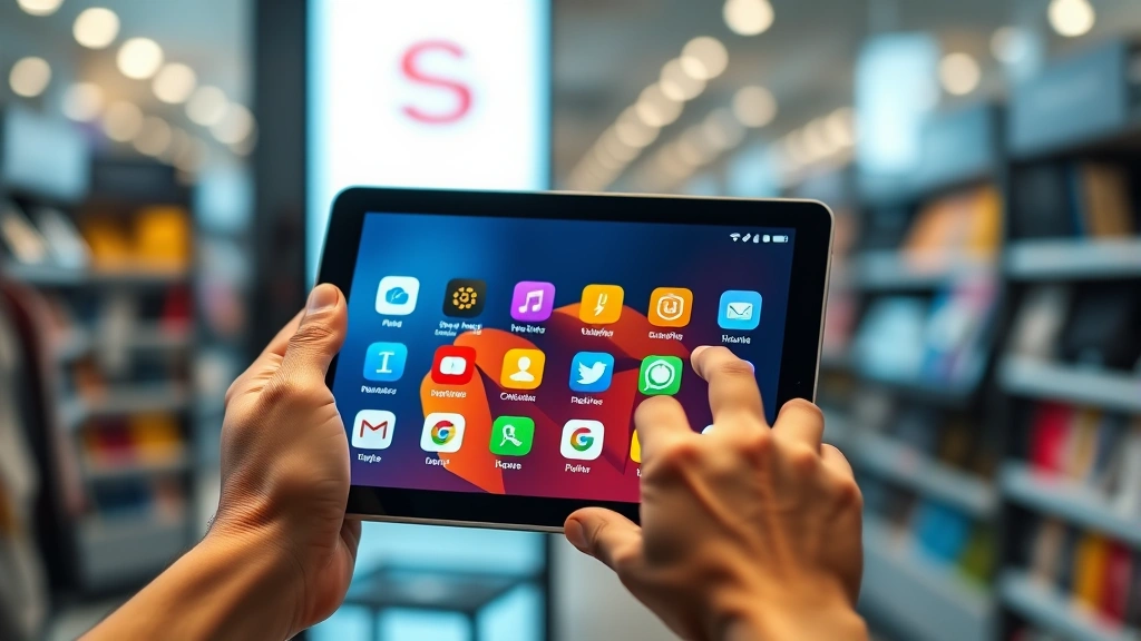 Close-up of hands holding a tablet displaying colorful app icons, modern tech store background blurred, natural daylight, professional product photography style