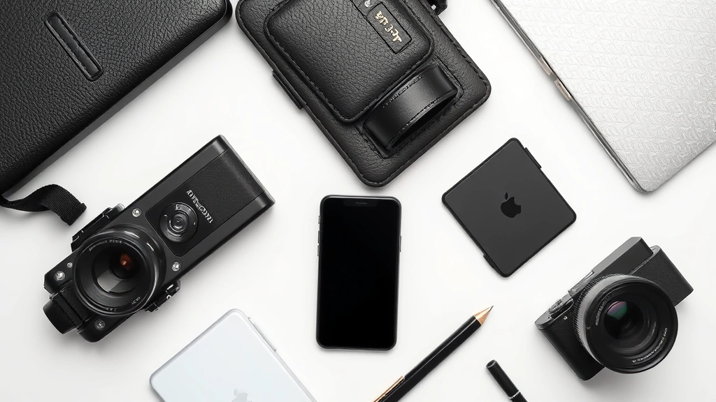 Flat lay of gadget with premium accessories arranged artistically, minimalist composition, high-quality materials highlighted