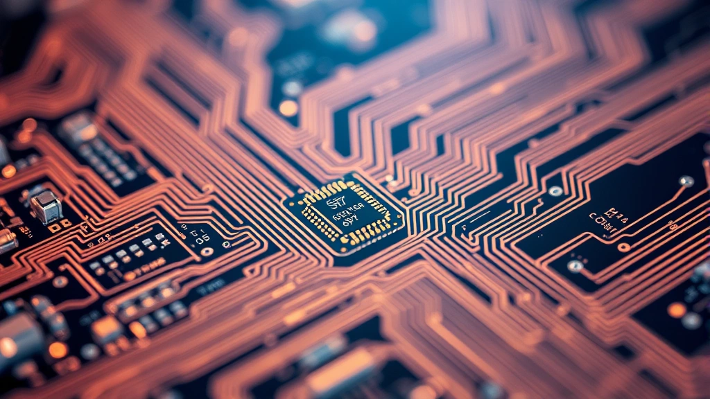 High-quality macro photography of microchip and circuit board traces, professional lighting showing technological precision