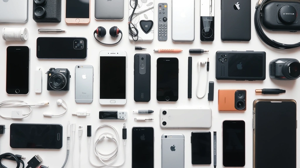 Flat lay of multiple tech gadgets and devices arranged neatly, showing diversity of electronics including phones, earbuds, cables, and accessories