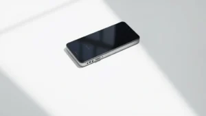 Professional product photography of sleek tech gadget on minimalist white surface with subtle shadow, natural lighting highlighting premium materials and craftsmanship details