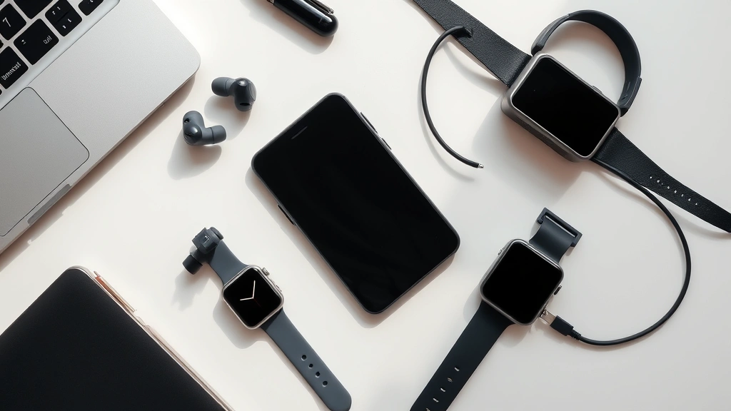 Overhead flat lay of modern tech gadgets arranged artistically: wireless earbuds, smartphone, smartwatch, and charging cables on a minimalist desk surface with natural lighting