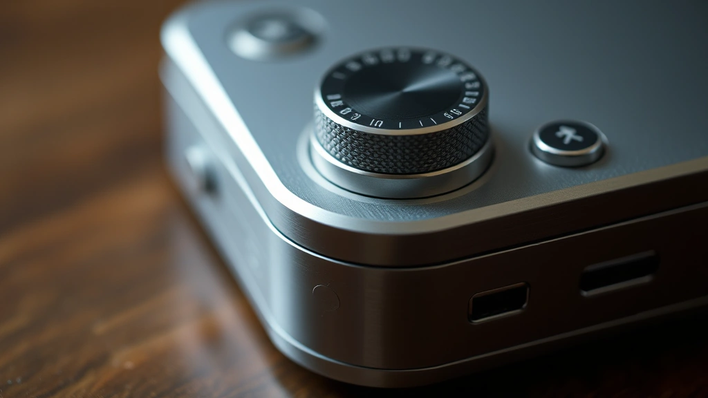 Close-up detail shot of a premium gadget's build quality showing metal chassis, precise button mechanisms, and connector ports with shallow depth of field