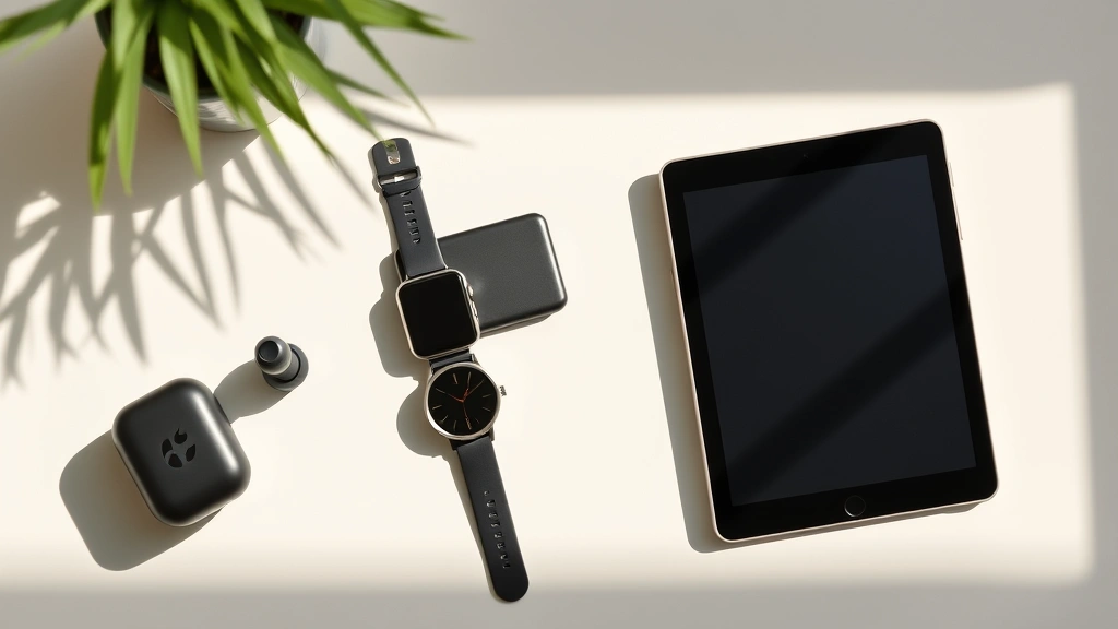 Flat lay of latest tech gadgets arranged artfully: wireless earbuds, smartwatch, portable charger, and tablet on minimalist surface with soft natural lighting
