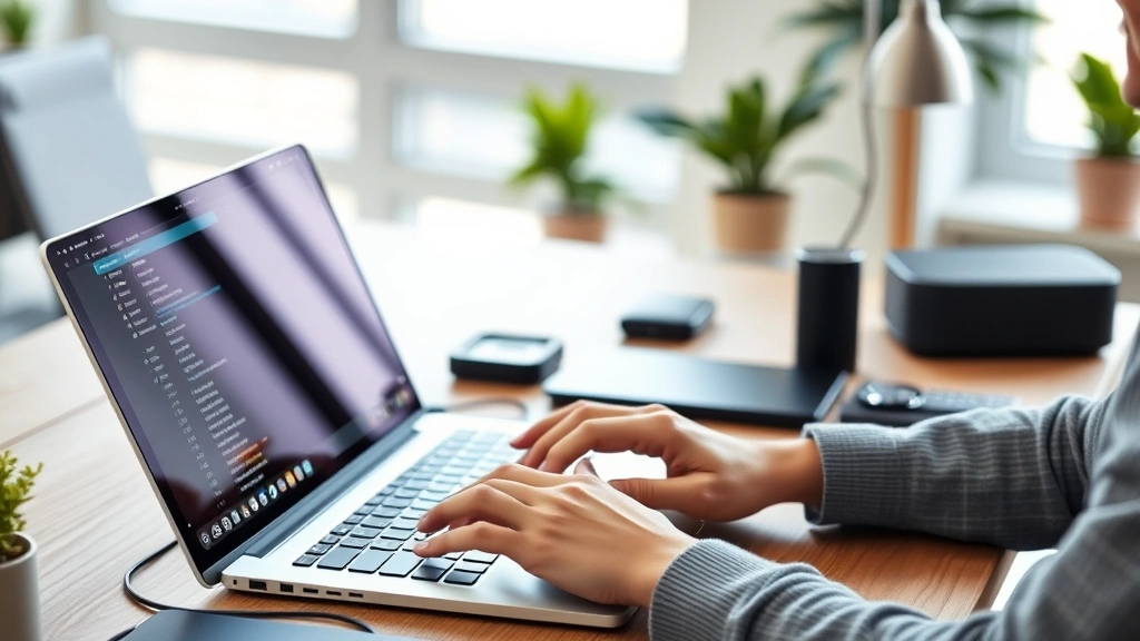 Person using premium laptop for creative work, hands on keyboard, focused expression, modern workspace with gadgets visible, natural window lighting