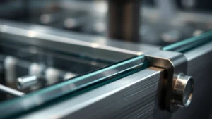 Close-up of premium brushed aluminum and glass surfaces showing manufacturing precision and material quality, professional product photography with soft lighting