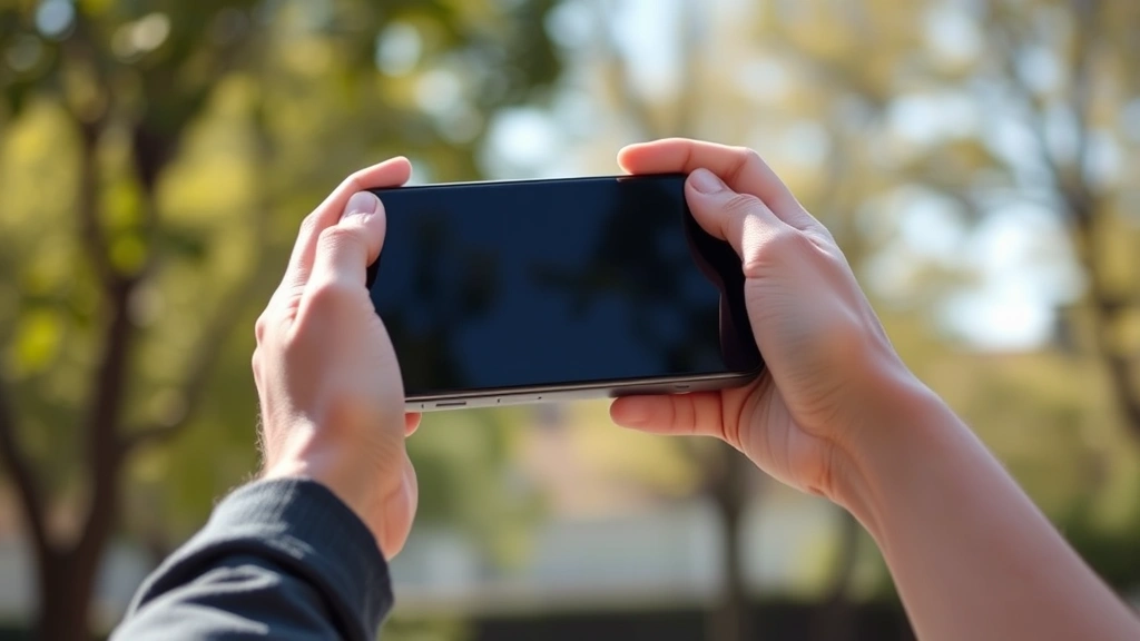 Person's hands holding sleek modern device in natural outdoor lighting, showing ergonomic grip and design proportions without visible UI or screens