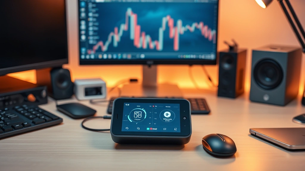 Tech workspace setup featuring the gadget as centerpiece among other electronics, minimalist desk environment with warm ambient lighting showing integration possibilities