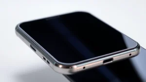 Close-up of premium smartphone showing sleek aluminum frame and glass back, studio lighting highlighting metallic finish and color gradient, professional product photography style