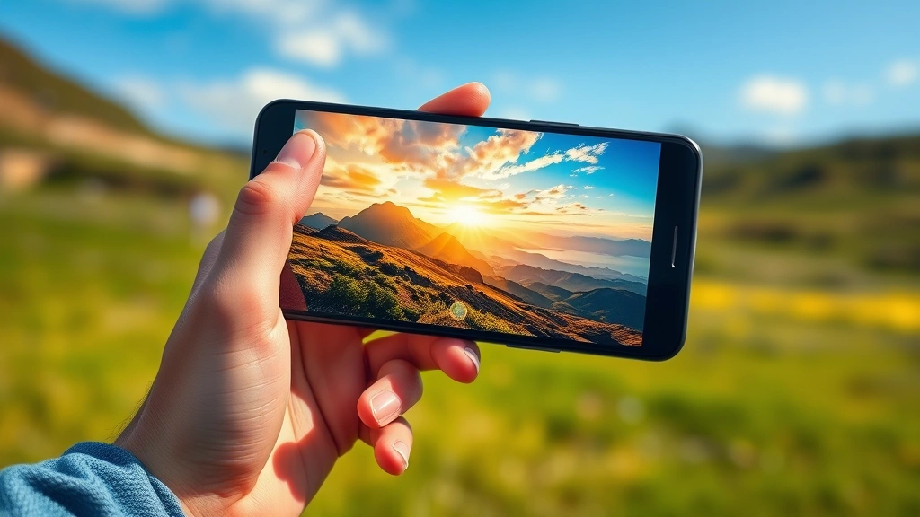 High-end smartphone displaying vibrant landscape photograph on bright OLED screen, outdoor daylight setting showing display brightness and color accuracy, realistic usage scenario