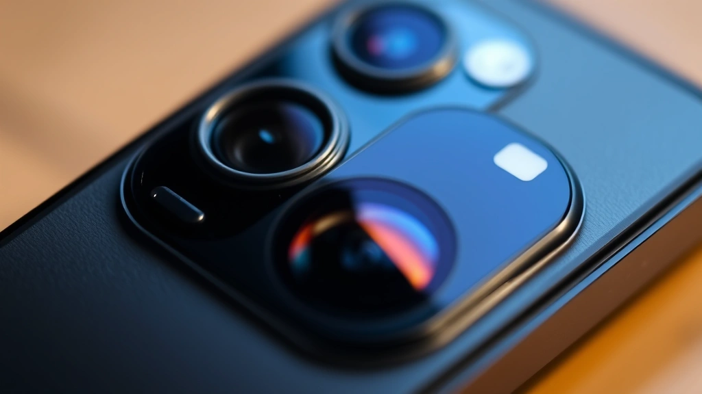 Smartphone camera lens cluster in macro detail showing multiple lenses and flash module, studio lighting emphasizing glass elements and premium build quality, shallow depth of field