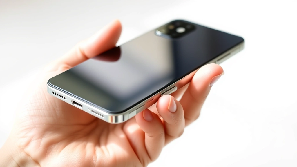 Close-up of premium smartphone being held in hand showing sleek metal frame and glass back, natural lighting on white background, tech product photography