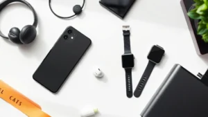 Flat lay of various modern tech gadgets including smartphone, wireless earbuds, smartwatch, and portable charger arranged artfully on clean white surface with natural lighting