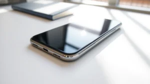 Close-up of high-end smartphone lying on minimalist white desk with natural sunlight, showing metallic frame and glass back, shallow depth of field, professional product photography style