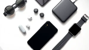 Flat lay of various modern tech gadgets including smartphone, wireless earbuds, smartwatch, and portable charger arranged on a minimalist white desk with natural lighting
