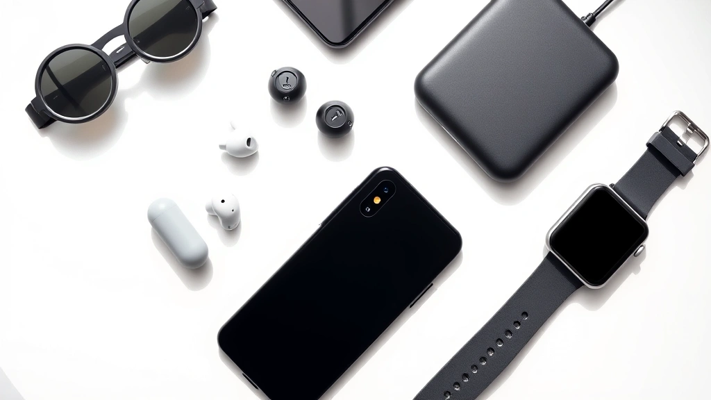 Flat lay of various modern tech gadgets including smartphone, wireless earbuds, smartwatch, and portable charger arranged on a minimalist white desk with natural lighting