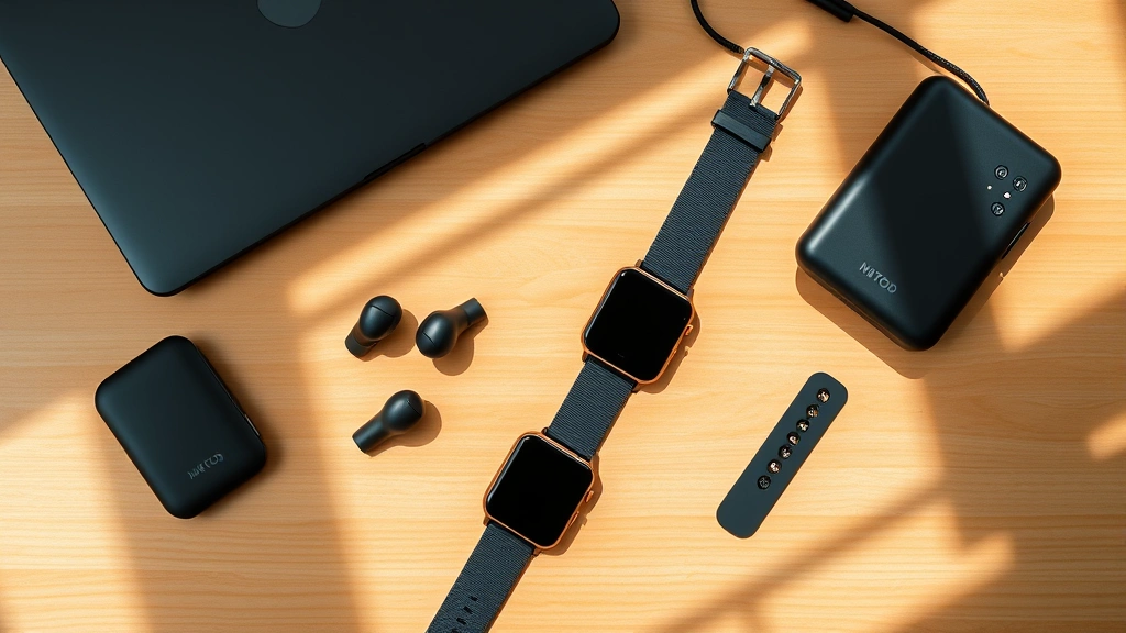 Flat lay of multiple tech gadgets including wireless earbuds, smartwatch, and portable charger arranged artfully on wooden desk with shadows, professional product shot