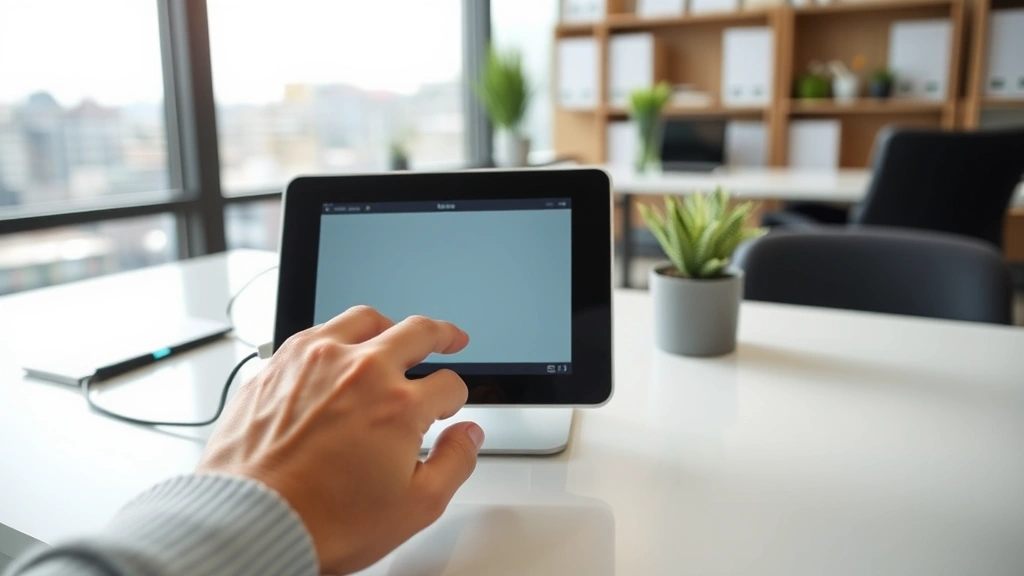 Device in use on clean desk workspace with natural lighting, user hand visible interacting with interface, modern office environment, no screen text readable