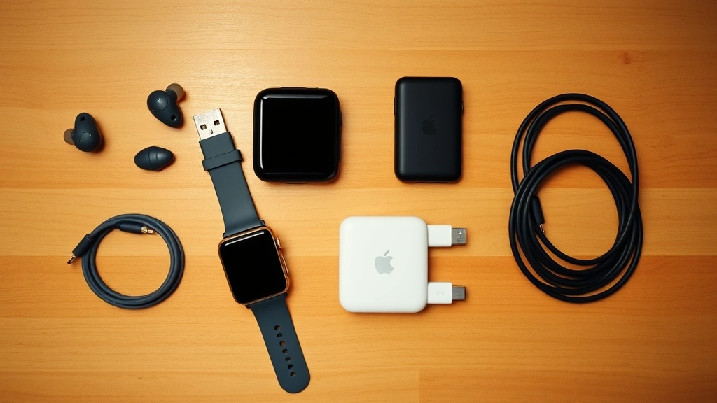 Flat lay arrangement of various tech gadgets—wireless earbuds, smartwatch, portable charger, USB-C cables—organized neatly on wooden surface with warm overhead lighting