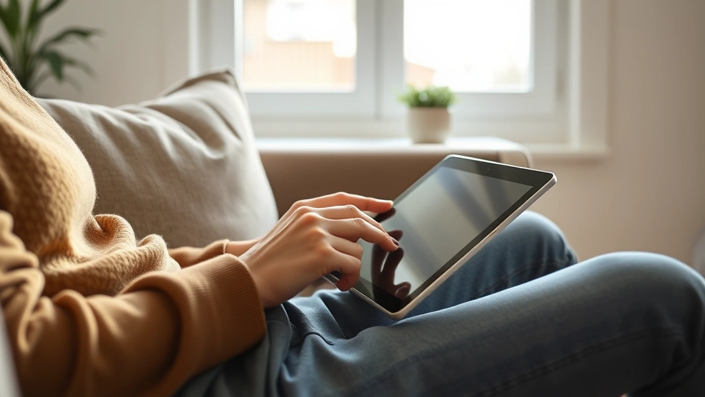 Person using tablet while sitting on couch with coffee cup nearby, natural daylight from window, realistic everyday tech usage scenario