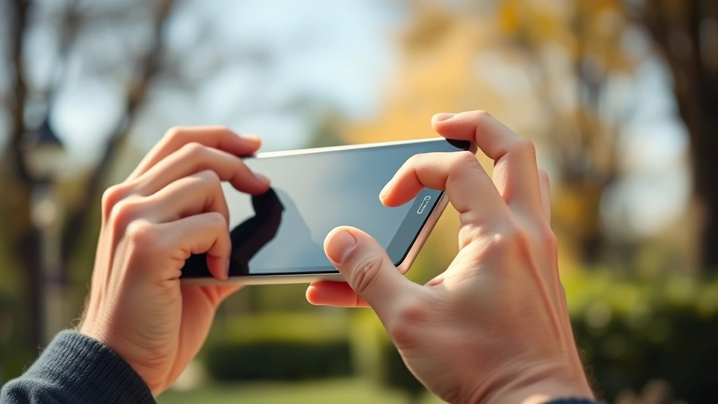 Person holding and testing a sleek portable device outdoors in natural daylight, showing ergonomic grip and realistic everyday usage scenario