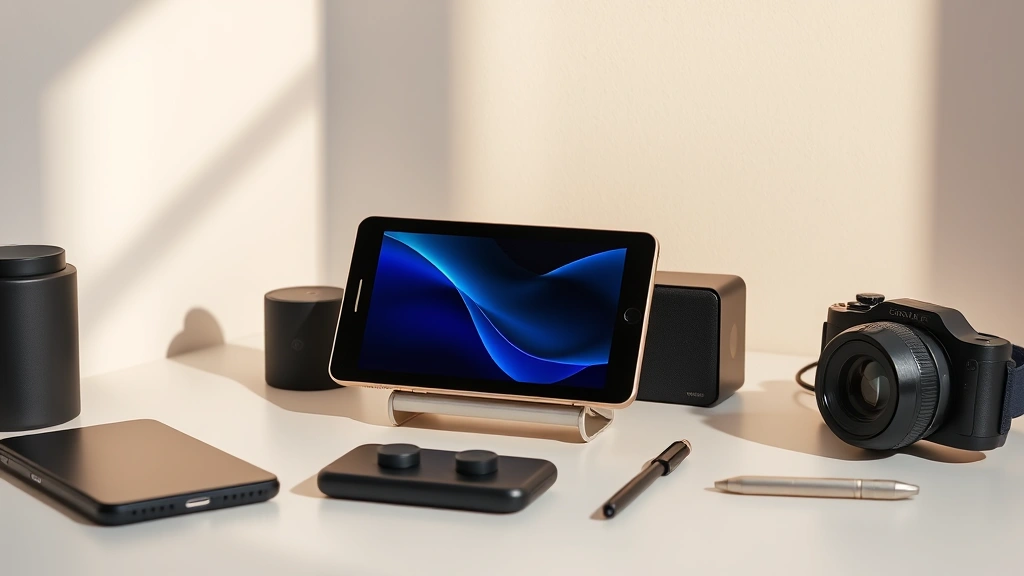 Product lifestyle shot showing device alongside complementary tech accessories on minimalist background, warm natural lighting, professional product photography style