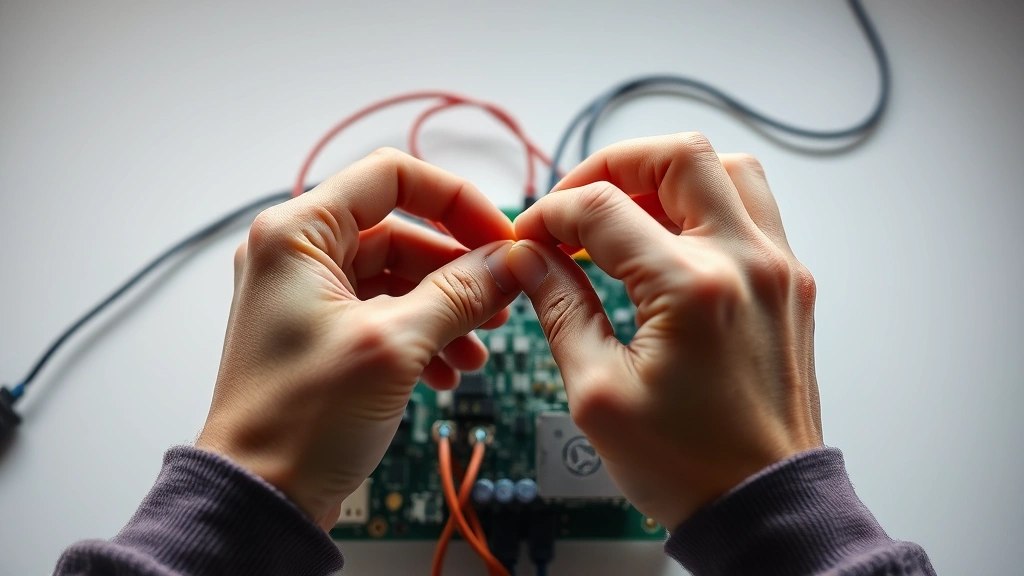Person hands testing and examining electronics components, inspecting durability of cable connectors and device buttons in bright studio lighting