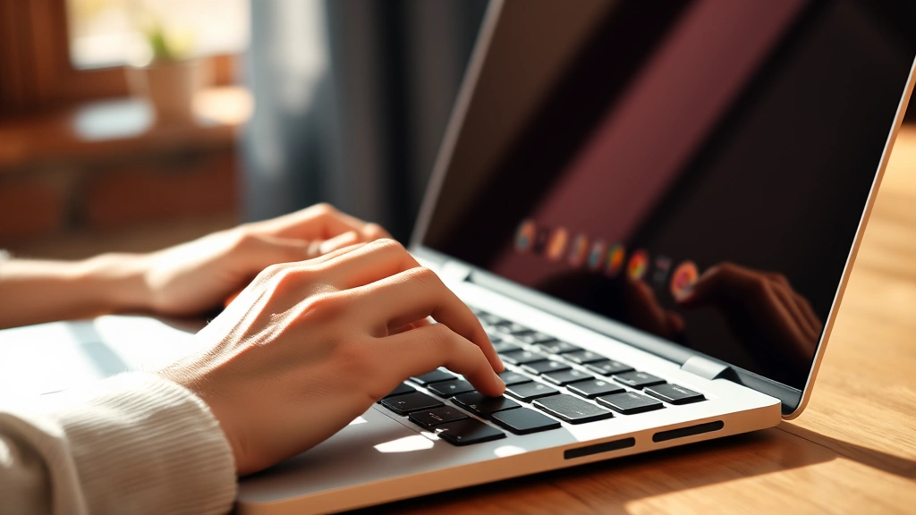 Person's hands holding and testing a laptop keyboard, showing genuine engagement and comfort, warm natural lighting, focused on tactile interaction and build quality details
