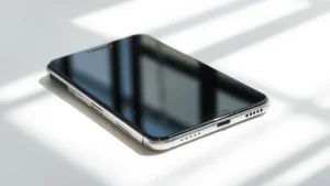 Premium smartphone showing sleek metal frame and glass back in natural light, minimalist background highlighting design details