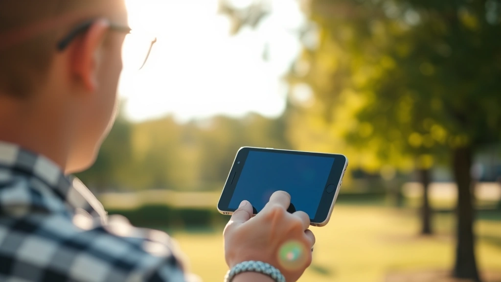 Person using device outdoors during daytime, holding device naturally while viewing bright display in sunlight, casual everyday scenario