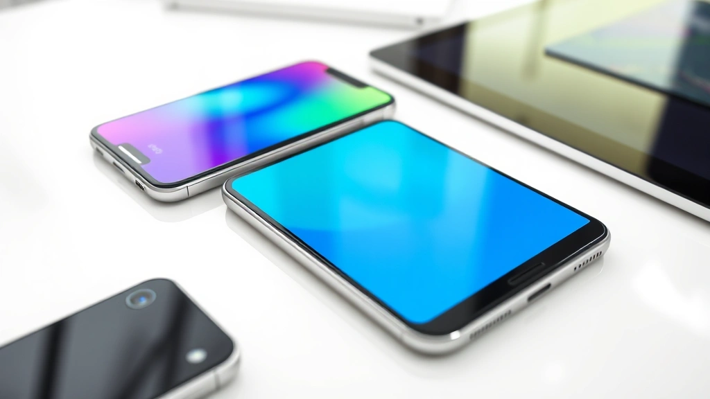 Close-up of premium smartphone and tablet displaying vibrant screens side by side on a minimalist white desk, showcasing modern gadget design and sleek bezels in natural daylight