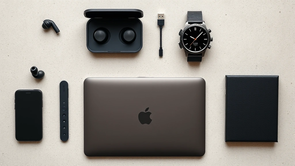 Overhead flat lay arrangement of latest tech gadgets including wireless earbuds, smartwatch, portable charger, and compact laptop arranged on a textured neutral background