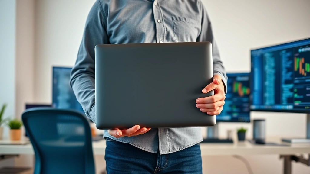 Hands holding a lightweight laptop while standing at a modern desk workspace with multiple monitors, exemplifying productivity and portable computing lifestyle