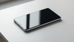 Sleek modern smartphone or tablet lying flat on minimalist surface, showing premium metallic and matte finish details, soft studio lighting, photorealistic