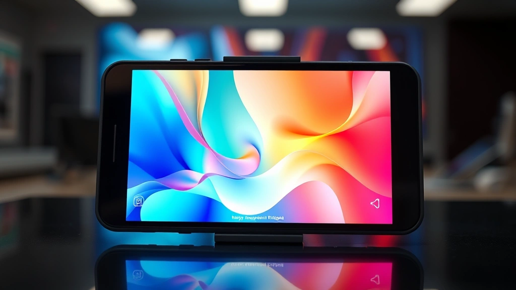 Tech gadget display screen showing vibrant colors and sharp details, user interface visible but not text-heavy, premium screen technology showcase, photorealistic