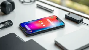 Flat lay photography of a modern smartphone displaying a colorful home screen interface, surrounded by minimalist tech accessories, natural window lighting