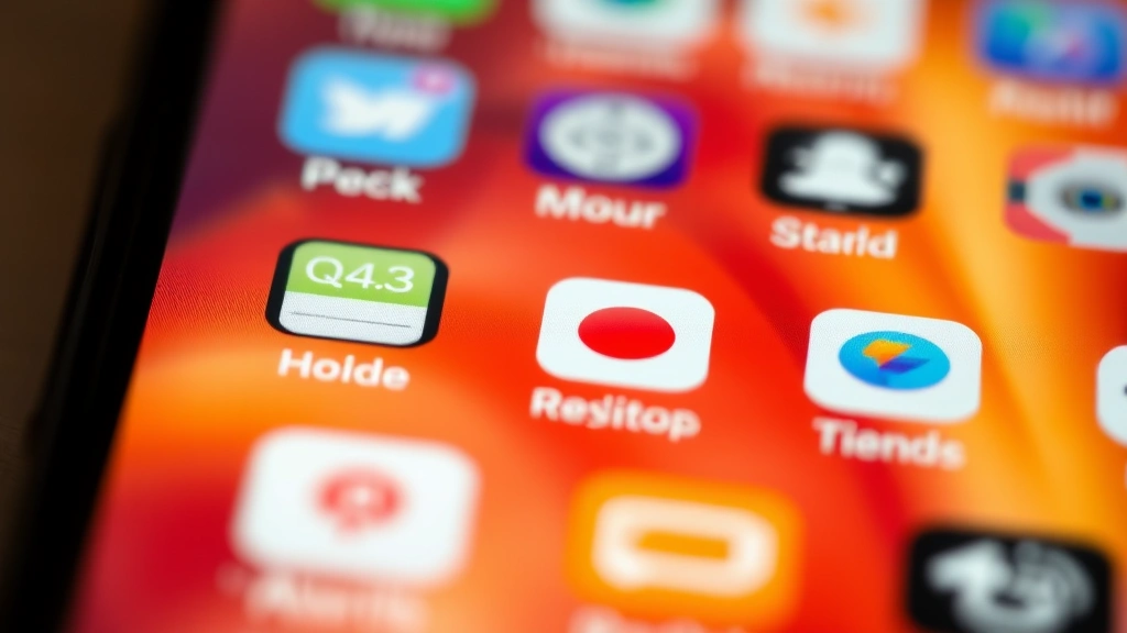 Close-up macro shot of a smartphone screen showing vibrant app icons and text with shallow depth of field, bright daylight illumination