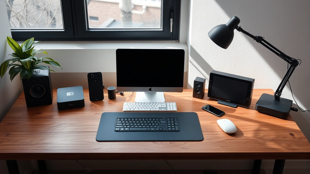 Minimalist desk setup featuring the gadget alongside other contemporary tech devices, natural window lighting, wooden surface
