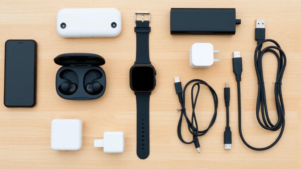 Organized flat lay arrangement of various consumer tech gadgets including wireless earbuds, smartwatch, portable charger, USB cables, and charging adapter on natural wood surface