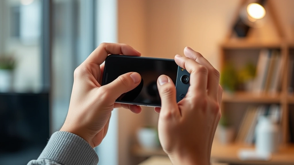 Hands holding the tech product in use, showing ergonomic design and real-world interaction, warm indoor lighting