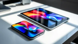 High-end smartphone and tablet displaying vibrant colors and sharp details, sitting on a modern desk with minimalist design, natural lighting highlighting the displays