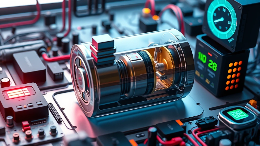 Battery cell cutaway showing internal structure, surrounded by tech components and power indicators, clean laboratory-style lighting emphasizing the technology