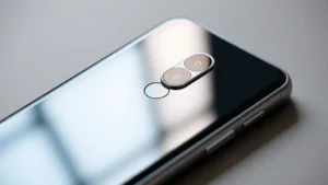 Close-up shot of premium smartphone with metallic frame and glass back, showing reflection of light, professional product photography style, neutral background