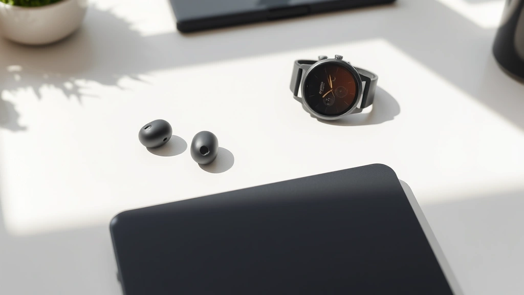 Flat lay arrangement of modern tech gadgets including wireless earbuds, smartwatch, and portable charger on minimalist desk surface, natural lighting