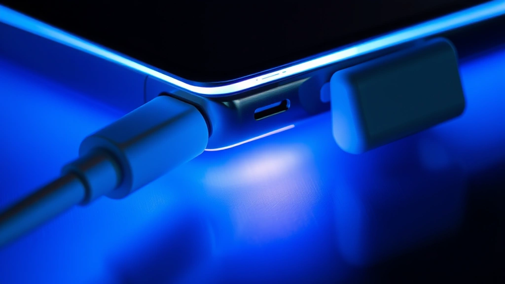 Close-up of device charging port and cable connection with ambient glow, premium materials visible, macro photography detail shot