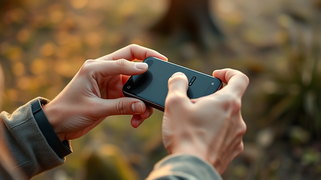 Person's hands using the gadget in natural setting, demonstrating ergonomic design and real-world usability with warm ambient lighting